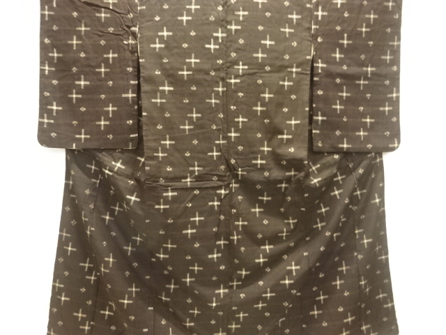 アンティーク　泥染十字模様織出し手織り紬着物